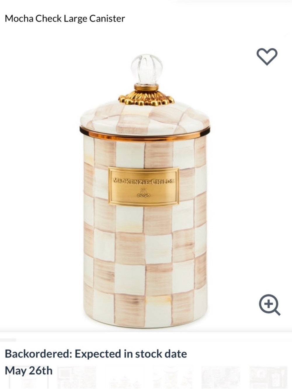 MacKenzie-Childs Cream & Mocha Check Canister with Gold Accent. Size Large.